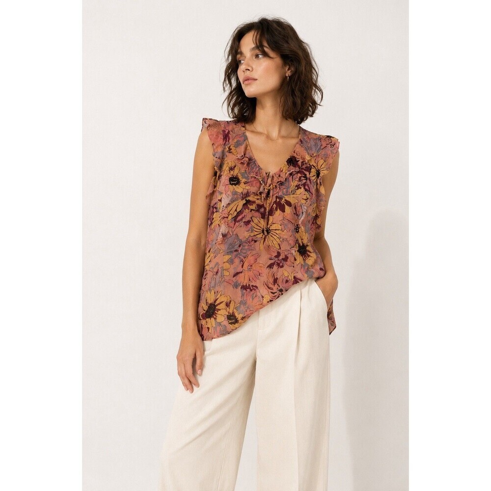 Paige 100% Silk Floral Ruffle Sleeveless Blouse Pink Yellow Size Medium